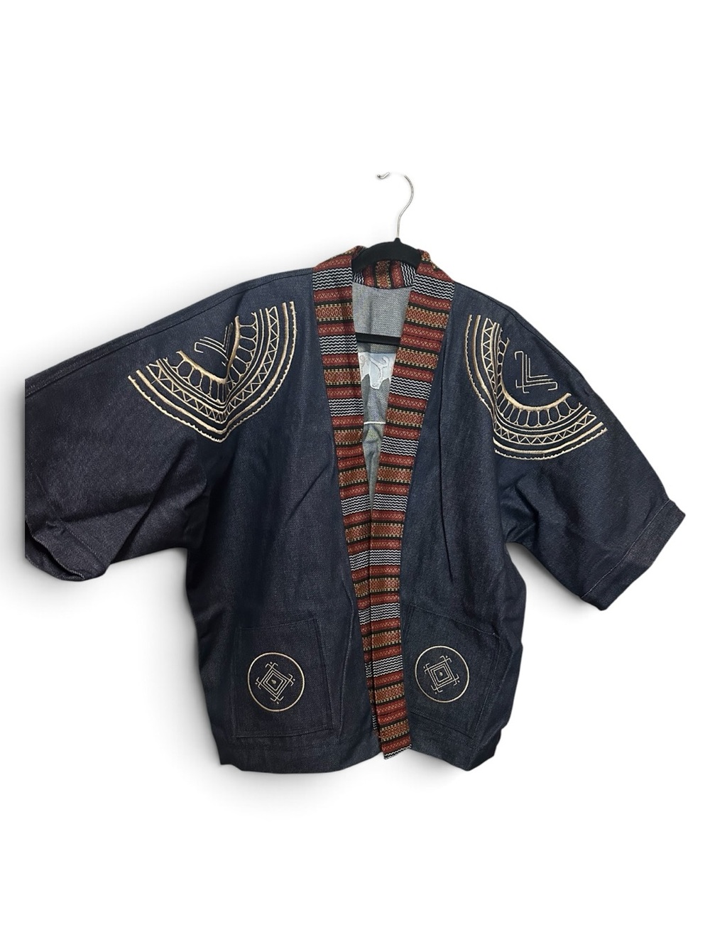 Filipino Navy Denim& silk jacket w/ tribal cloth Trim